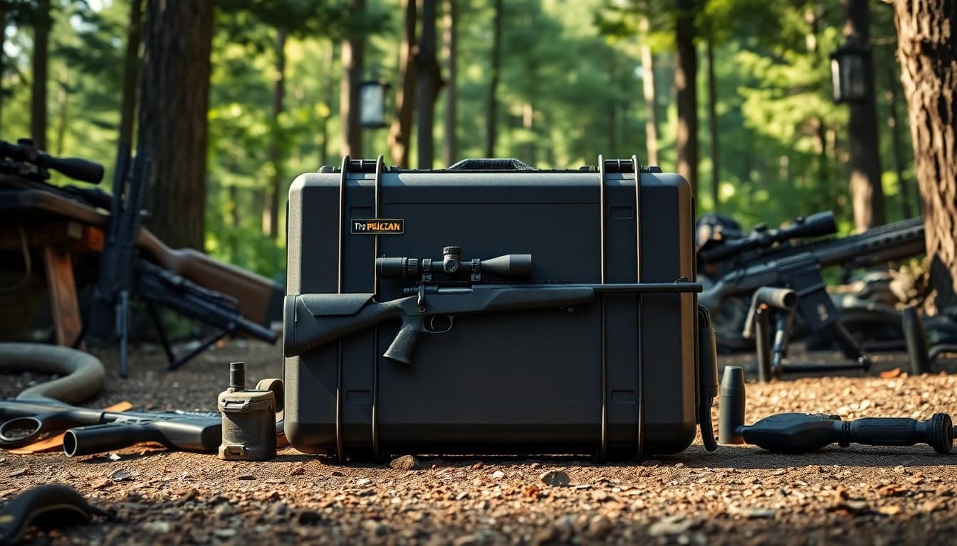 Showcasing a durable pelican rifle case alongside essential gear in a vibrant outdoor setting.