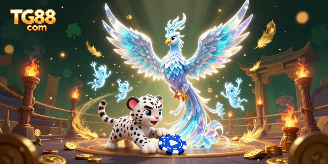 Play exciting games and win at TG88 com with a vibrant 3D casino illustration featuring ice phoenix and poker chip.