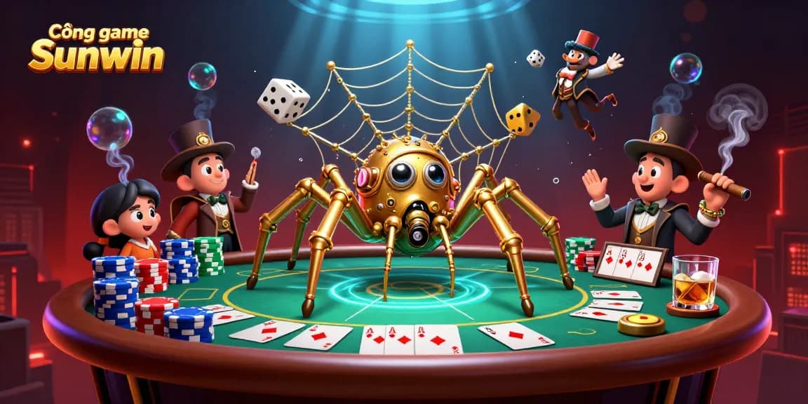 Cổng game Sunwin showcases a vibrant 3D scene of a steampunk spider capturing dice, symbolizing luck.