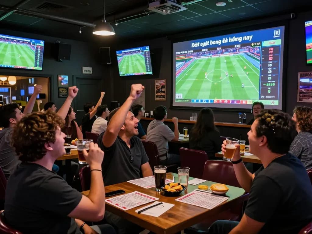 Kết quả bóng đá hôm nay being celebrated at a packed sports bar with enthusiastic patrons placing bets.