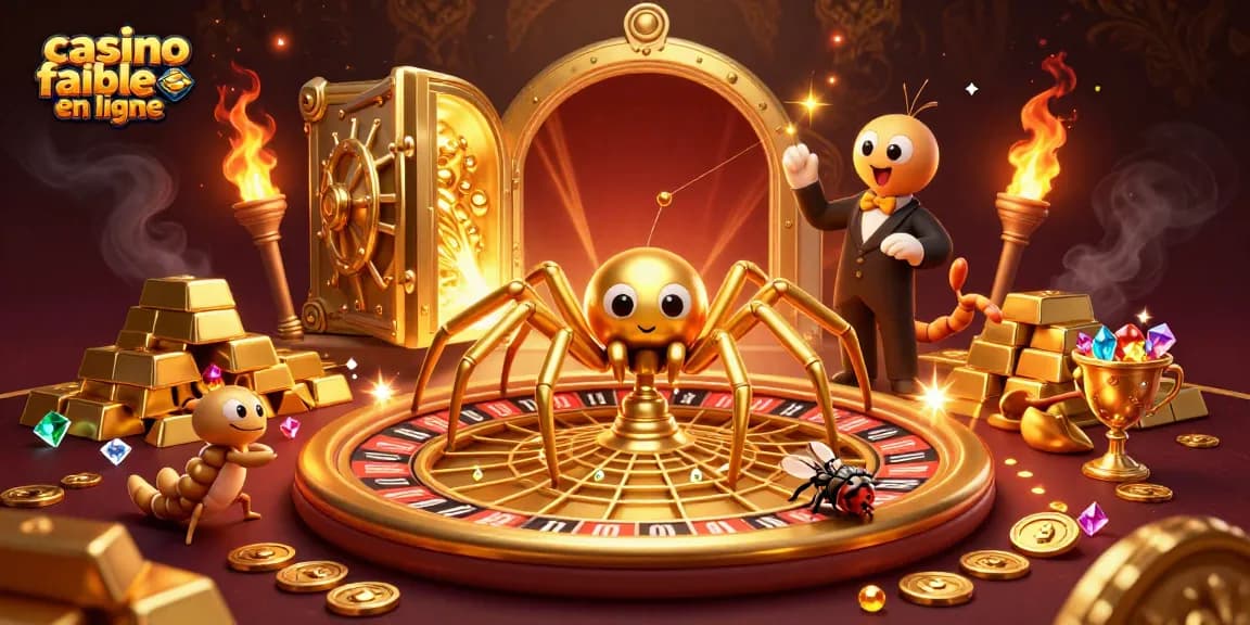 Visualisez un casino fiable en ligne avec une araignée dorée et un croupier centipède dans une ambiance riche.