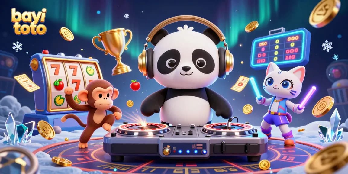 Bayi toto showcases a vibrant casino scene with a DJ panda spinning on roulette wheels and dynamic slot elements.