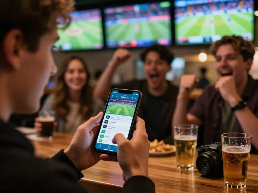 Person using the 7meter bola betting app with excitement in a lively sports bar atmosphere.