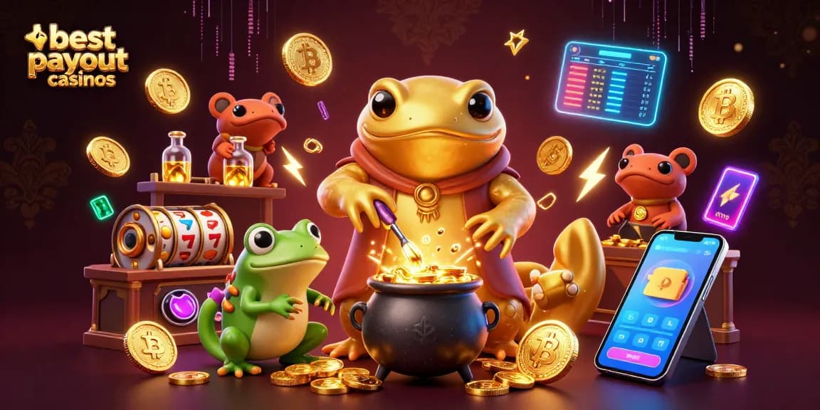 Experience the excitement of best payout casinos with vibrant characters amid gold and crypto elements.