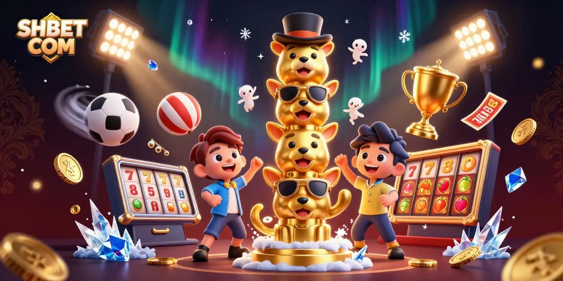 Experience the excitement at SHBET COM with a vibrant 3D cartoon casino scene filled with games and sports elements.