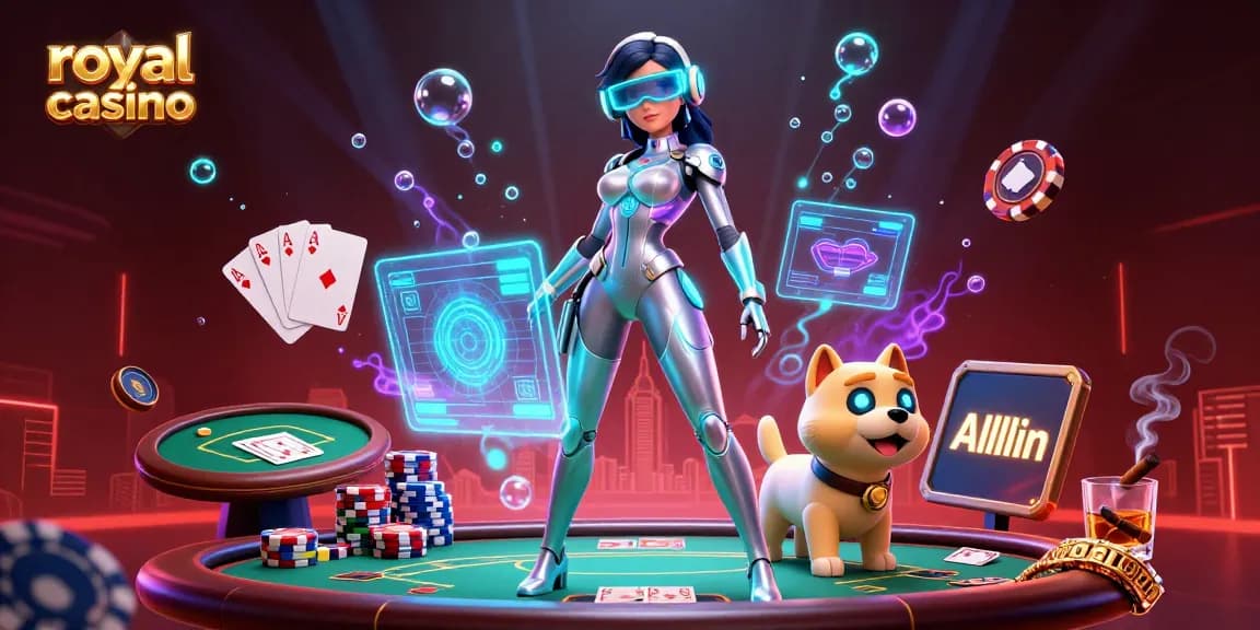 Experience the excitement of royal casino action with a futuristic woman and robot in a 3D digital illustration.