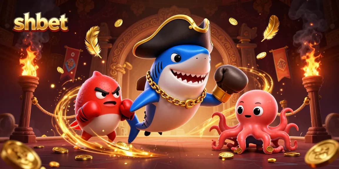 Engage with thrilling shbet gaming experiences illustrated by a pirate shark, pufferfish, and octopus.