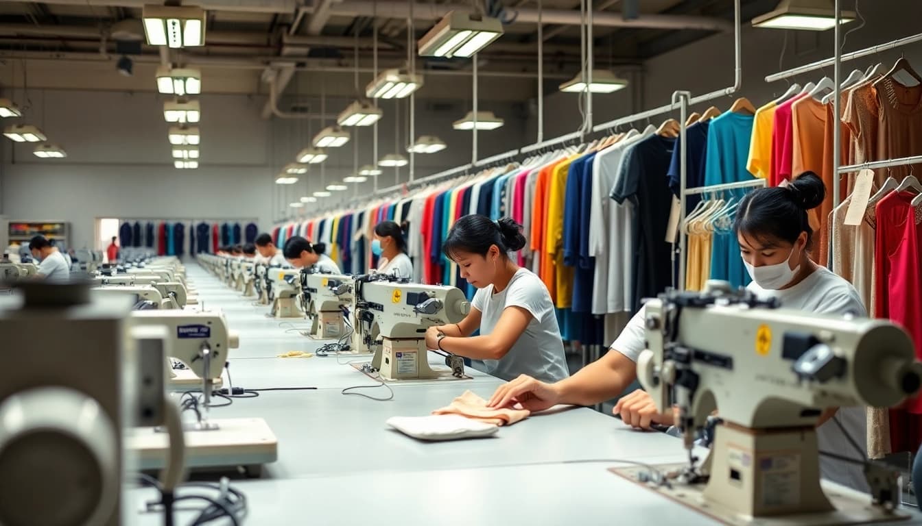 Appliances used by apparel manufacturers in China showing skilled workers in a vibrant setting.