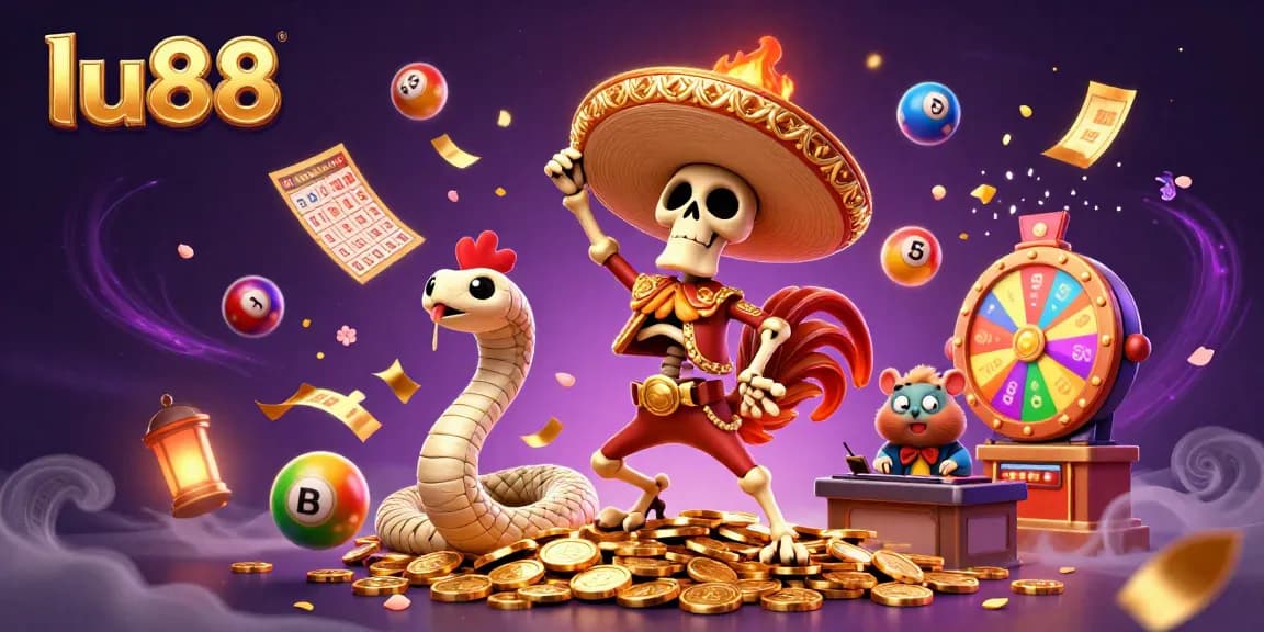 Win big with lu88 using vibrant lottery and bingo games illustrations in a rich casino scene.