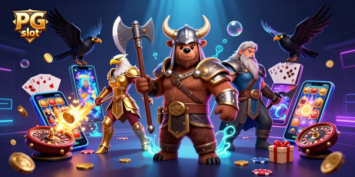 Engage with PG slot character styles amidst vibrant casino game elements and dynamic 3D art.