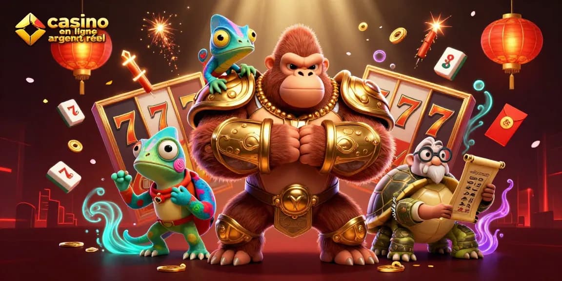 Jouez dans un casino en ligne argent réel avec notre illustration dynamique mettant en scène des personnages gagnants.