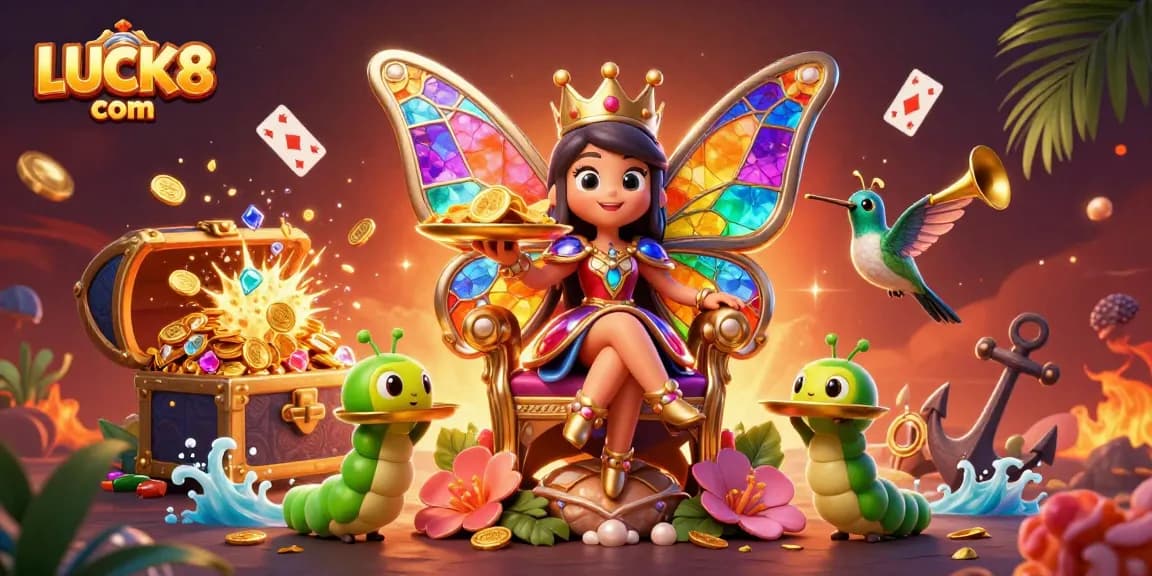 Engage in thrilling gameplay at LUCK8 com with a vibrant 3D casino scene featuring a butterfly queen and treasure.
