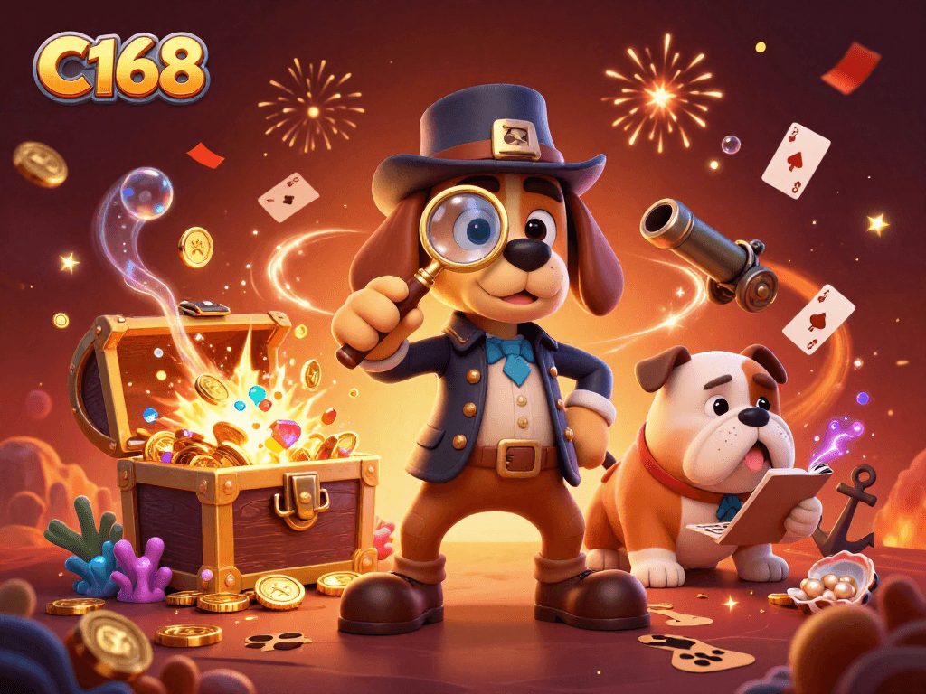 C168 enhances gameplay with a detective theme exploring treasures in a vibrant casino scene.