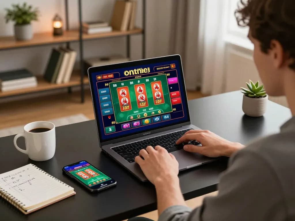 Engaging online gaming scene featuring casino online americani on laptop, person managing strategies in a cozy home office.