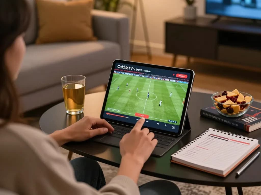 CakhiaTV live football streaming on a tablet in a cozy home gaming setup, highlighting engaging gameplay.