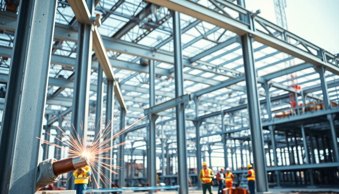 Showcasing structural steel construction progress with workers and materials in bright daylight.