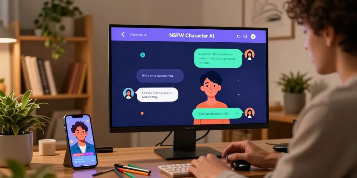 Interactive CrushOn.AI NSFW Character AI chat showcasing vibrant roleplay interactions and personalized characters in a cozy home office.