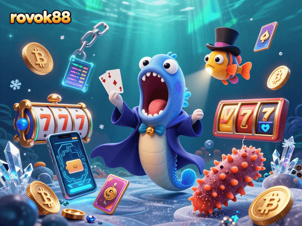 Experience the magic of rokok88 as a bioluminescent gulper eel performs tricks amidst vibrant casino elements.