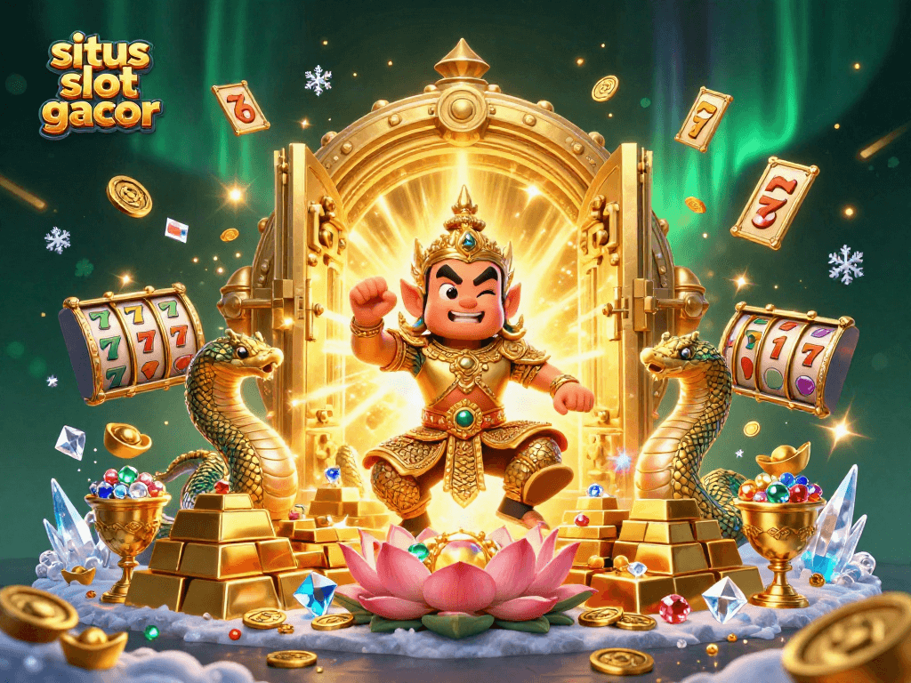 Engage with situs slot gacor through a vibrant illustration featuring guardians, gold, and exciting slot machines.