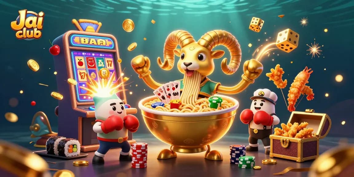 Engage in high-stakes fun with Jai club, featuring a vibrant 3D casino scene bursting with energy.
