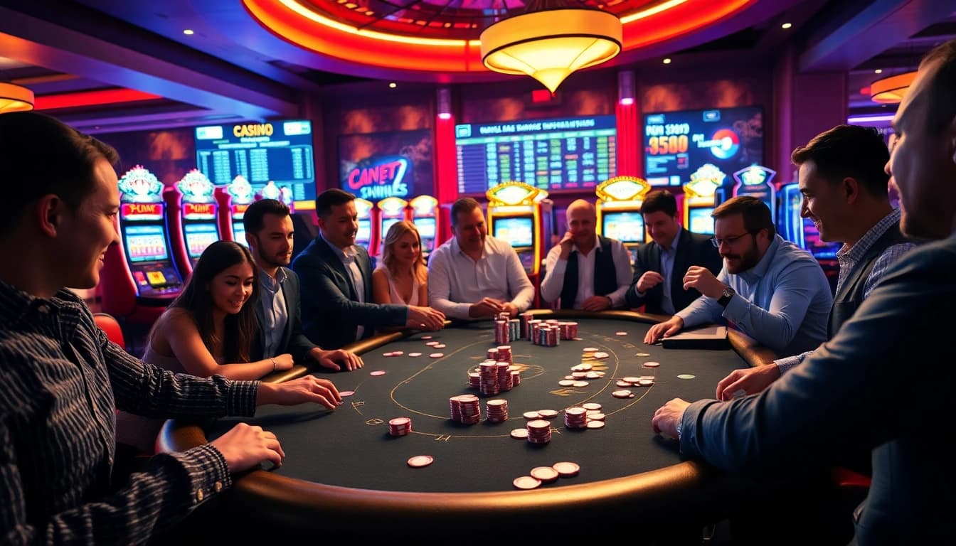 Erleben Sie die Aufregung des casino spielen online an einem lebendigen Pokerabend mit enthusiastischen Spielern.