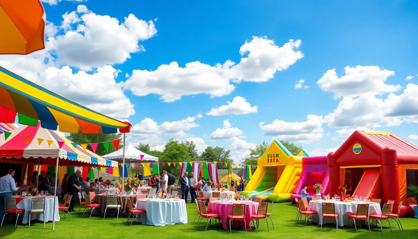 Guests enjoying Party Rentals outdoors with colorful tents, tables, and bounce houses.