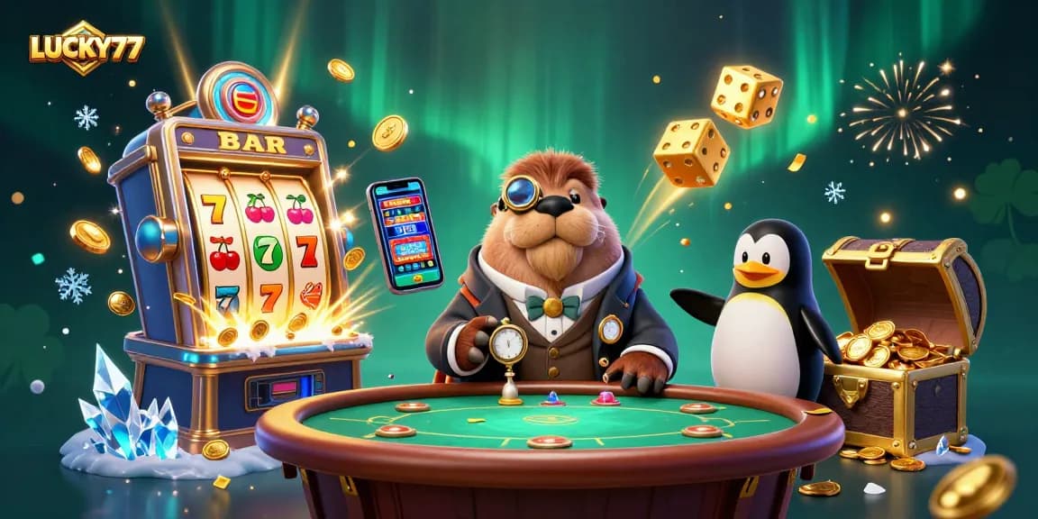 LUCKY77 showcases a vibrant casino scene with a walrus, penguin dealer, and pufferfish at play.