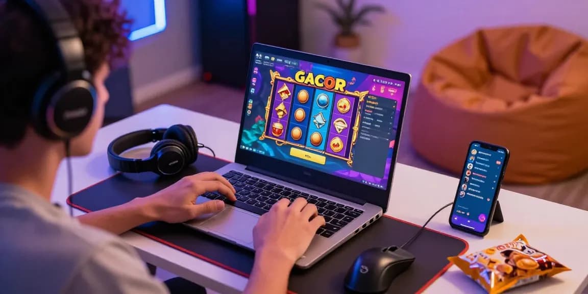 Exciting slot gacor gaming scene with a player engaging on their laptop
