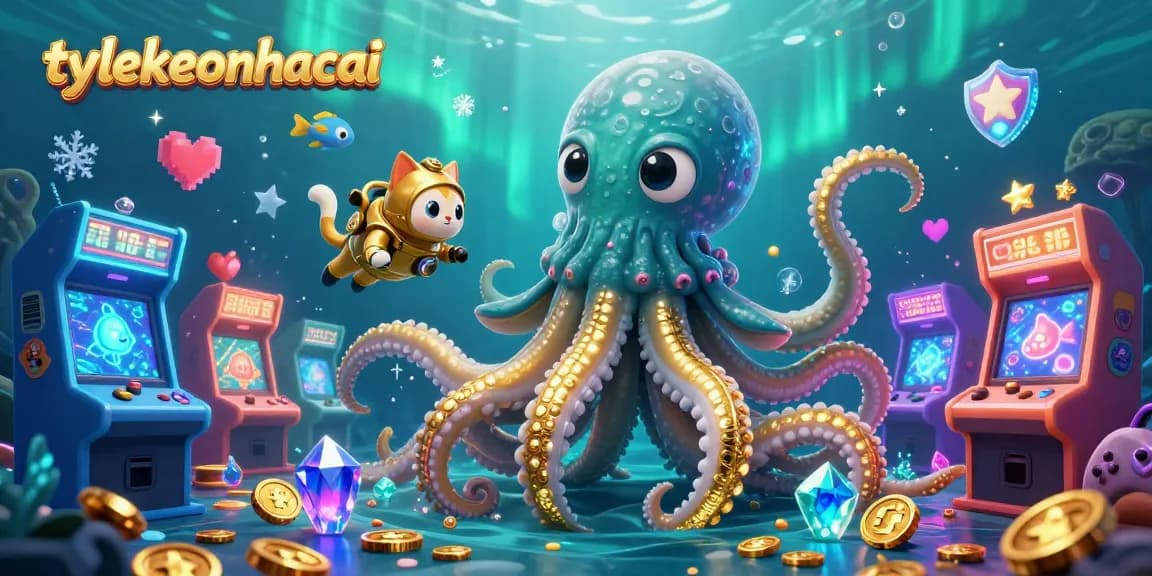 Engage in thrilling gameplay with tylekeonhacai, featuring a kraken and diving cat in a colorful, energetic casino scene.