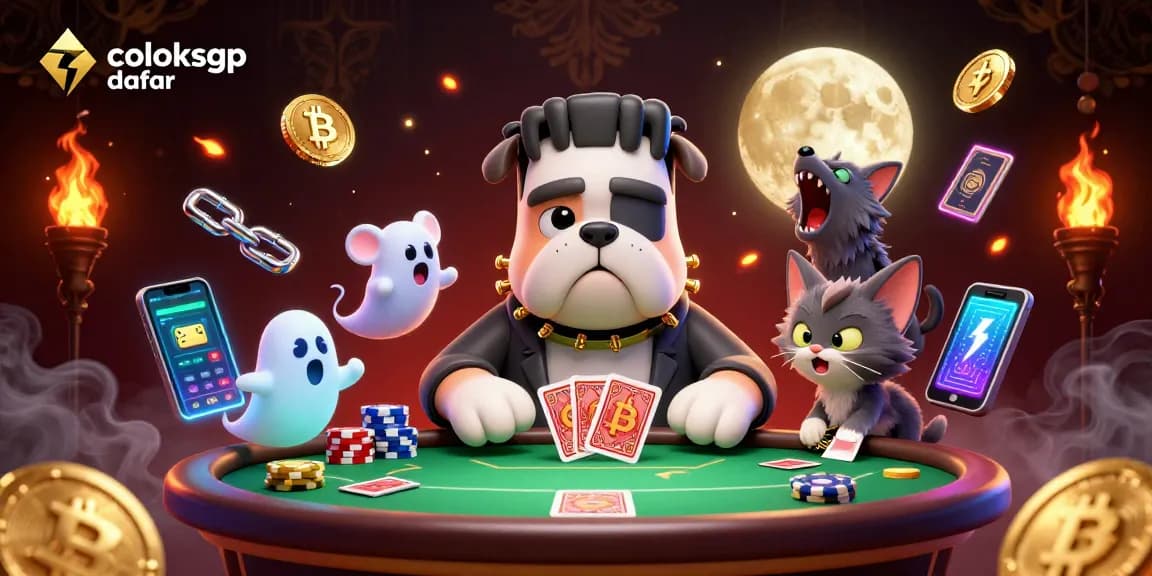 Engage with coloksgp daftar as a cartoon Frankenstein bulldog deals poker chips amidst crypto-themed visuals.