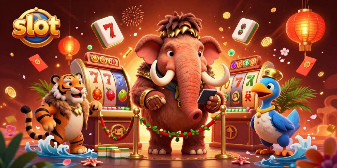 Spin the reels with slot machines at this vibrant casino scene featuring a woolly mammoth bouncer.