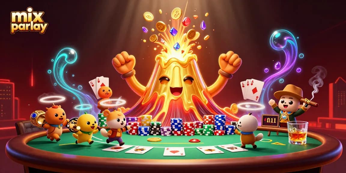 Engage in mix parlay betting as a golden volcano erupts with treasure in a vibrant casino scene.