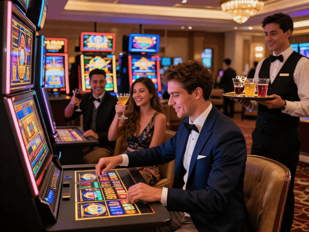 Exciting gaming scene featuring a player at a rokok88 slot machine in a luxurious casino atmosphere, enjoying vibrant lights and social energy.