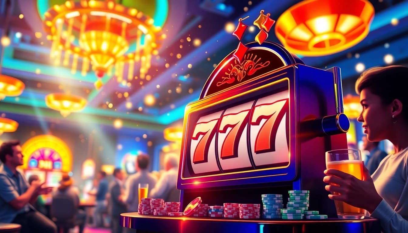Slot777 menunjukkan semangat kasino dengan pemain bahagia di mesin slot.