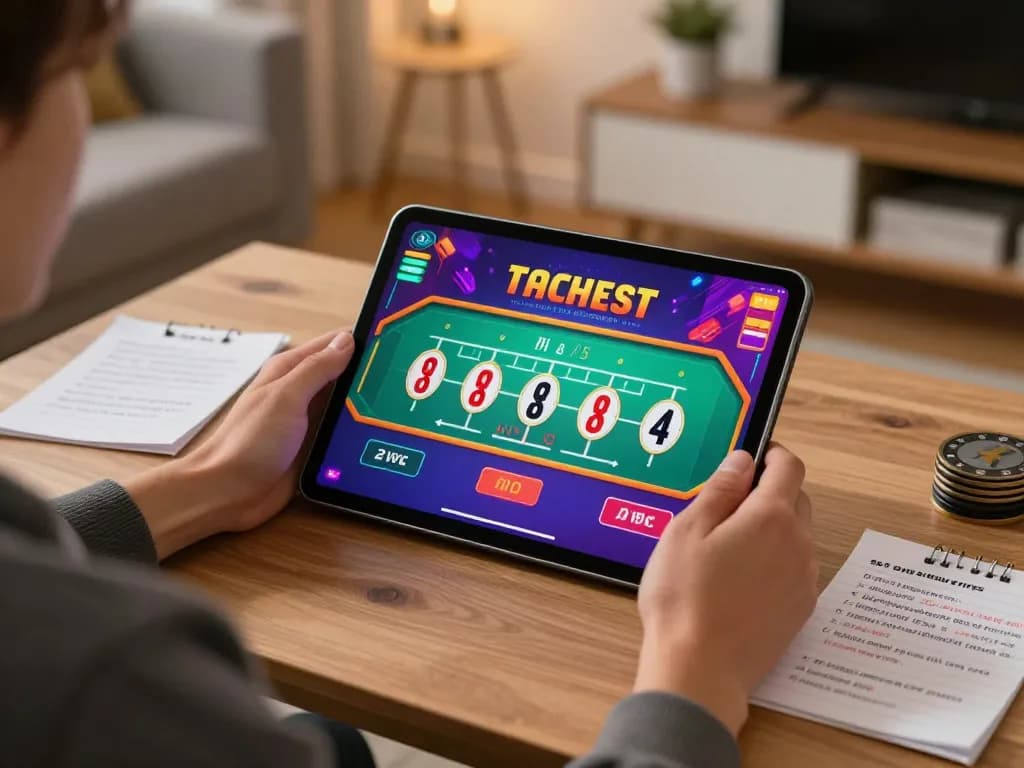 Engaged player at mm88.blog enjoying live baccarat on a tablet with betting notes.