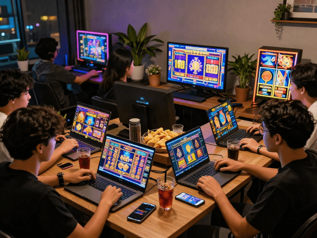 Friends enjoying online bandar slot gacor games on various devices in a cozy setting