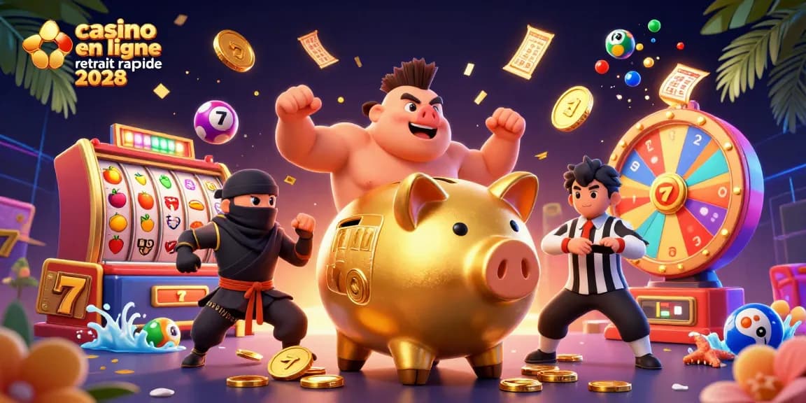 Profitez de l'animation dynamique d'un casino en ligne retrait rapide 2028 mettant en avant des personnages captivants et des éléments de jeu.