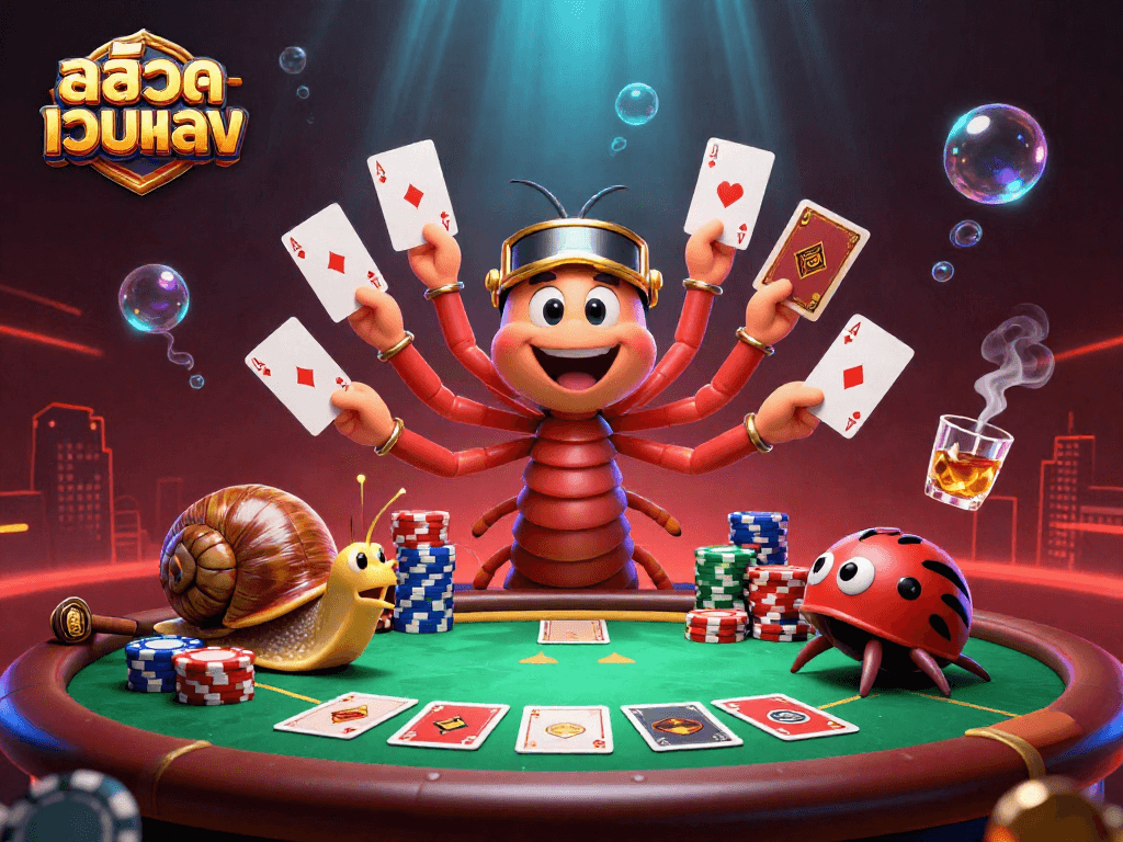 Engage in thrilling สล็อตเว็บตรง action with a vibrant 3D casino scene illustrating a lively poker game.