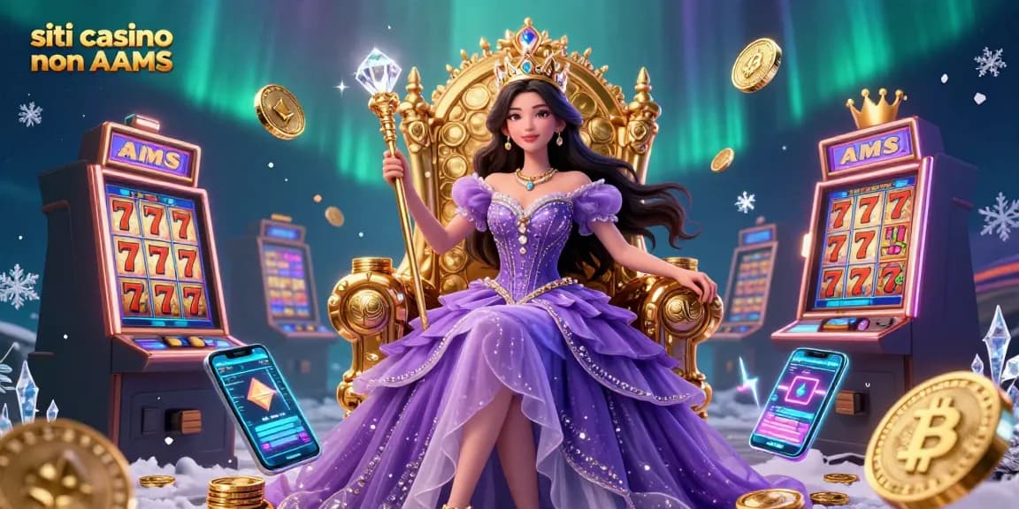 Accendi l'entusiasmo nei siti casino non AAMS con una incantevole principessa che tiene un scettro d'oro, ambientata tra vivaci slot machine e criptovalute digitali.
