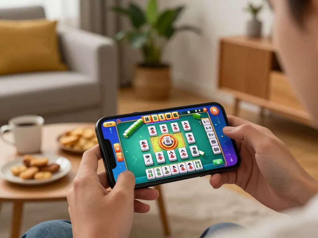 Engaging player enjoying slot mahjong on mobile device in cozy home setting.