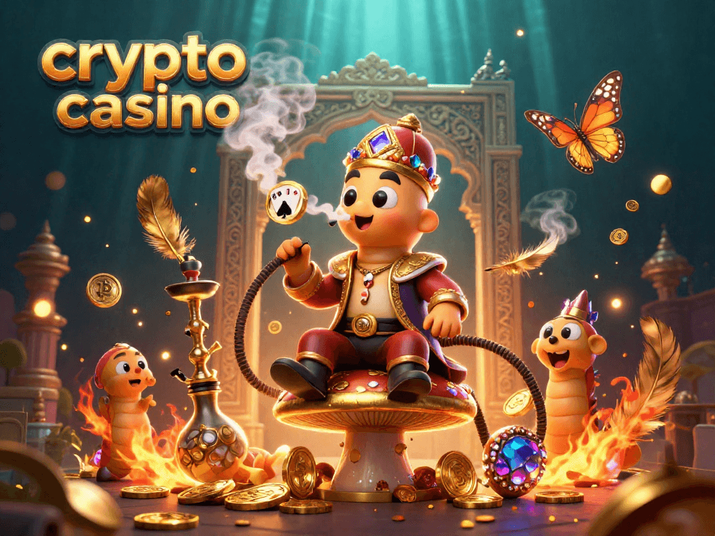 Engage with a vibrant crypto casino scene featuring a whimsical hookah-master and Bitcoin coins.