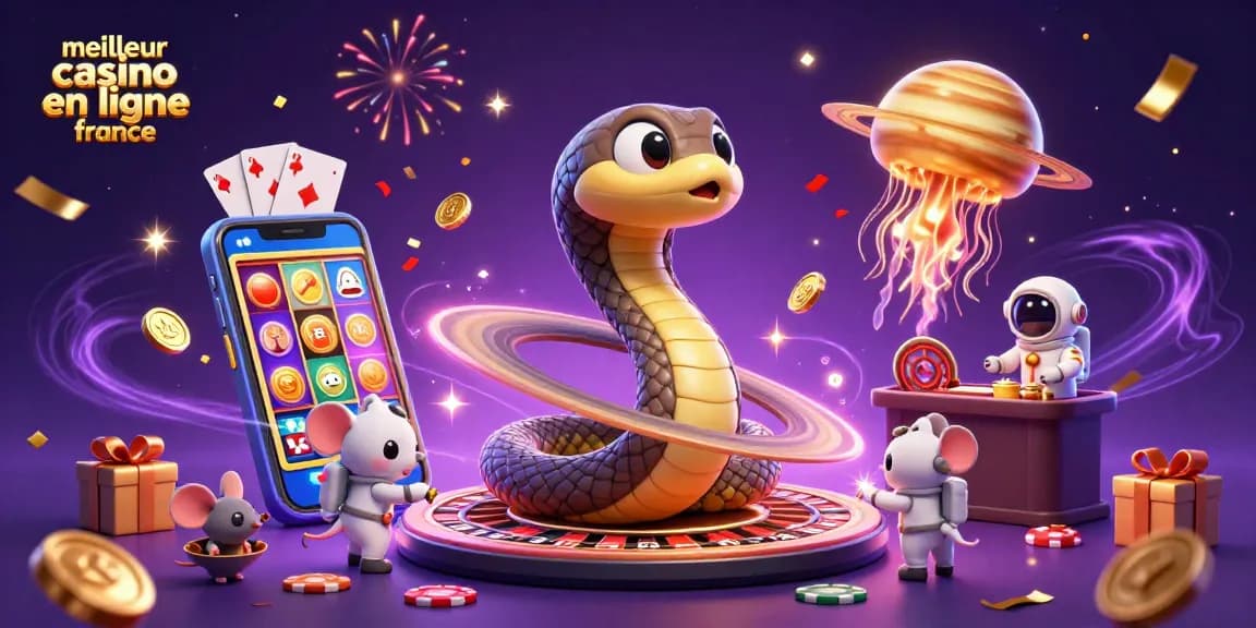 Illustration dynamique du meilleur casino en ligne France, avec des personnages jouant et pariant.