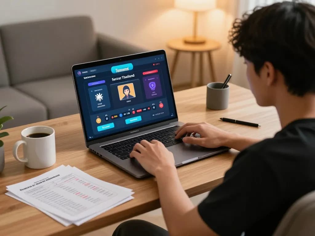 Player engaging with slot server thailand on laptop at home, surrounded by betting notes and coffee mug.