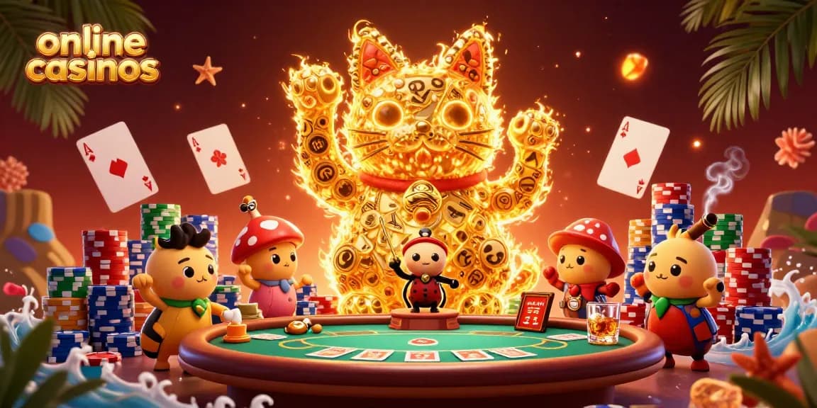 Engage with online casinos through vibrant cartoon illustration featuring dynamic gambling elements and a lucky cat.