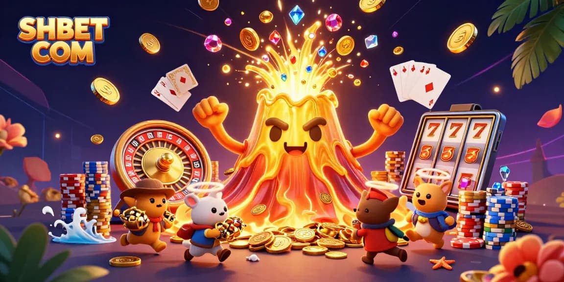 Play and win at SHBET COM; vibrant illustration of a volcano erupting treasure in a dynamic casino scene.