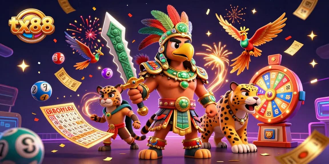 Engage with lottery excitement at tx88 with vibrant elements and Aztec warriors.