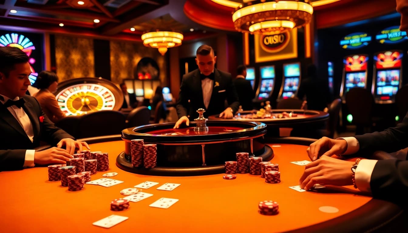 Pris en action dans un luxueux casino en ligne France, les joueurs s'engagent intensément à une table de poker prestigieuse.