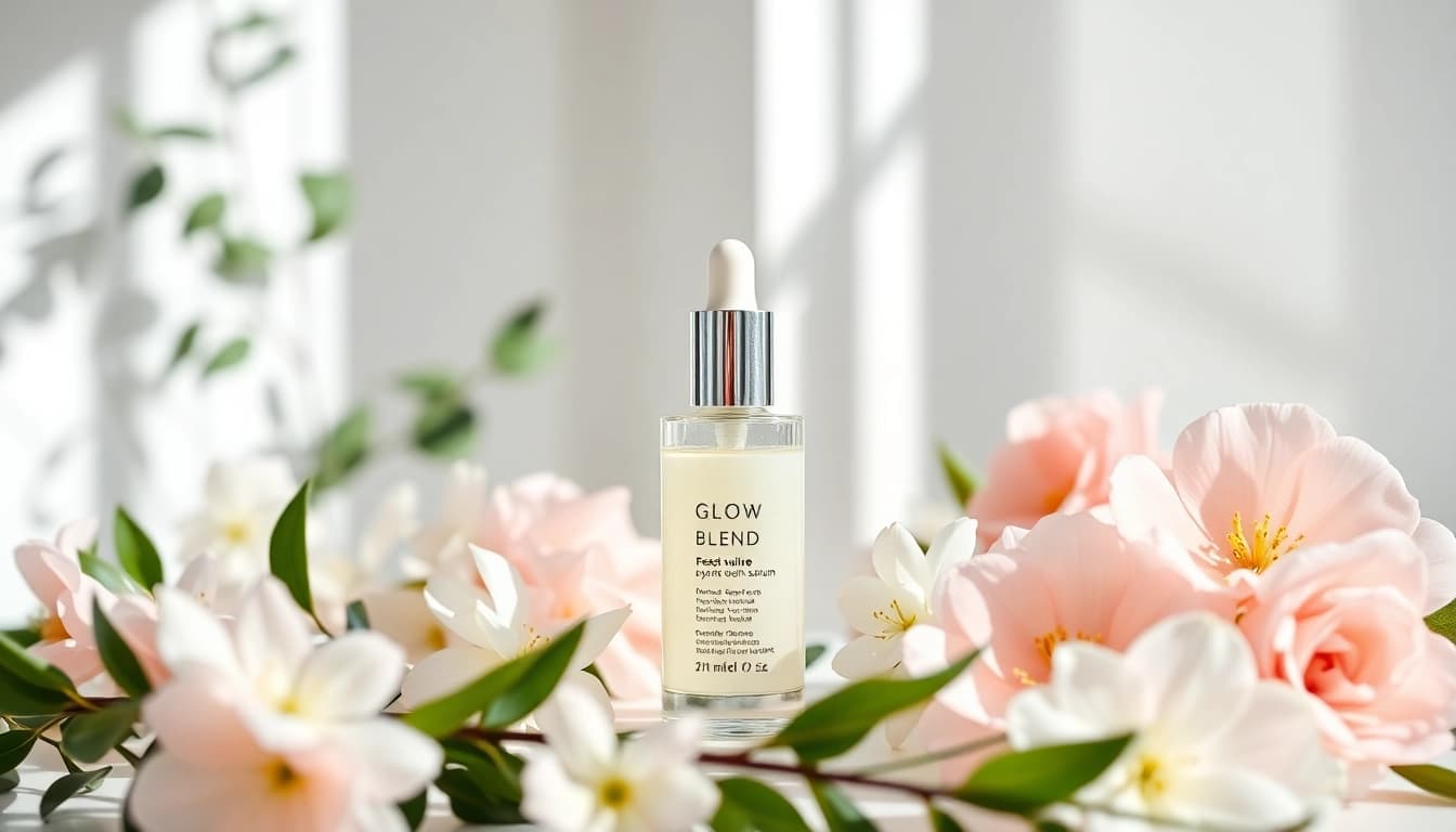 Showcase the Glow Blend serum amid elegant floral decorations in a bright studio setting.