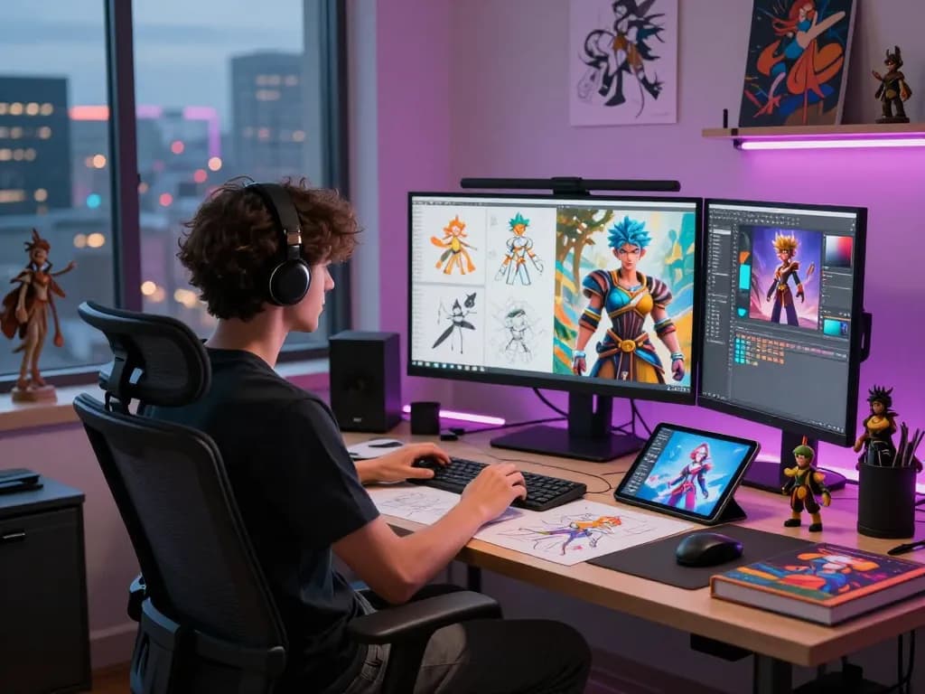 Digital artist designing NSFW AI characters in vibrant creative studio, showcasing unique character artistry.