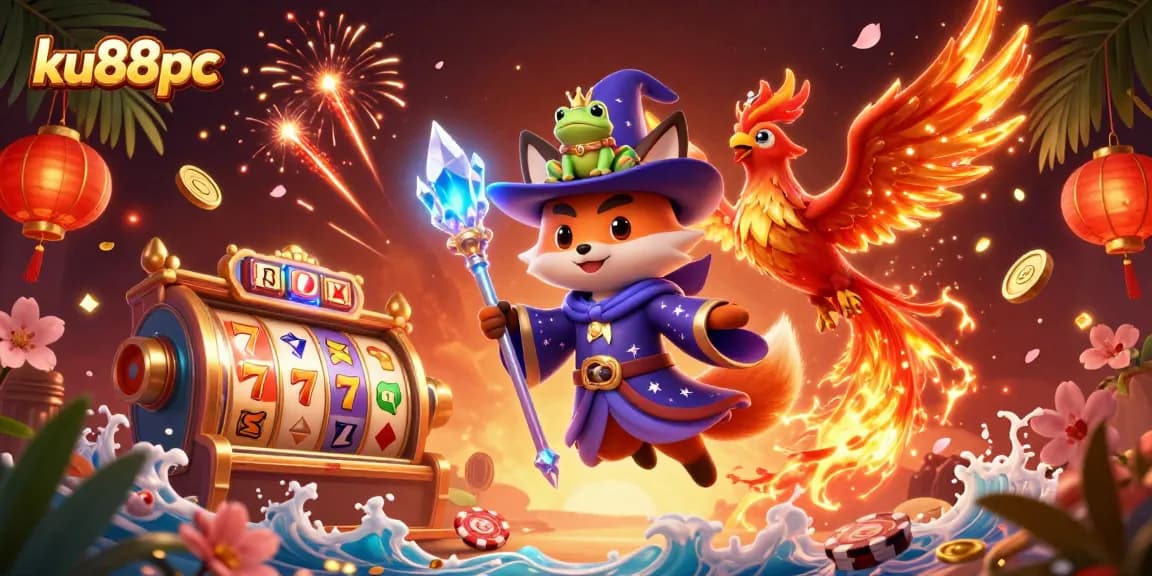 Join the action at ku88pc with a vibrant 3D casino scene featuring a wizard fox, phoenix, and slot reels.